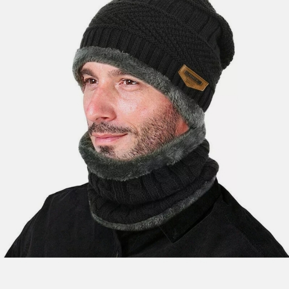 2pcs Set Winter Warm Knit Beanie Hat Cap Scarf Touch Screen Ski Gloves Men Women
